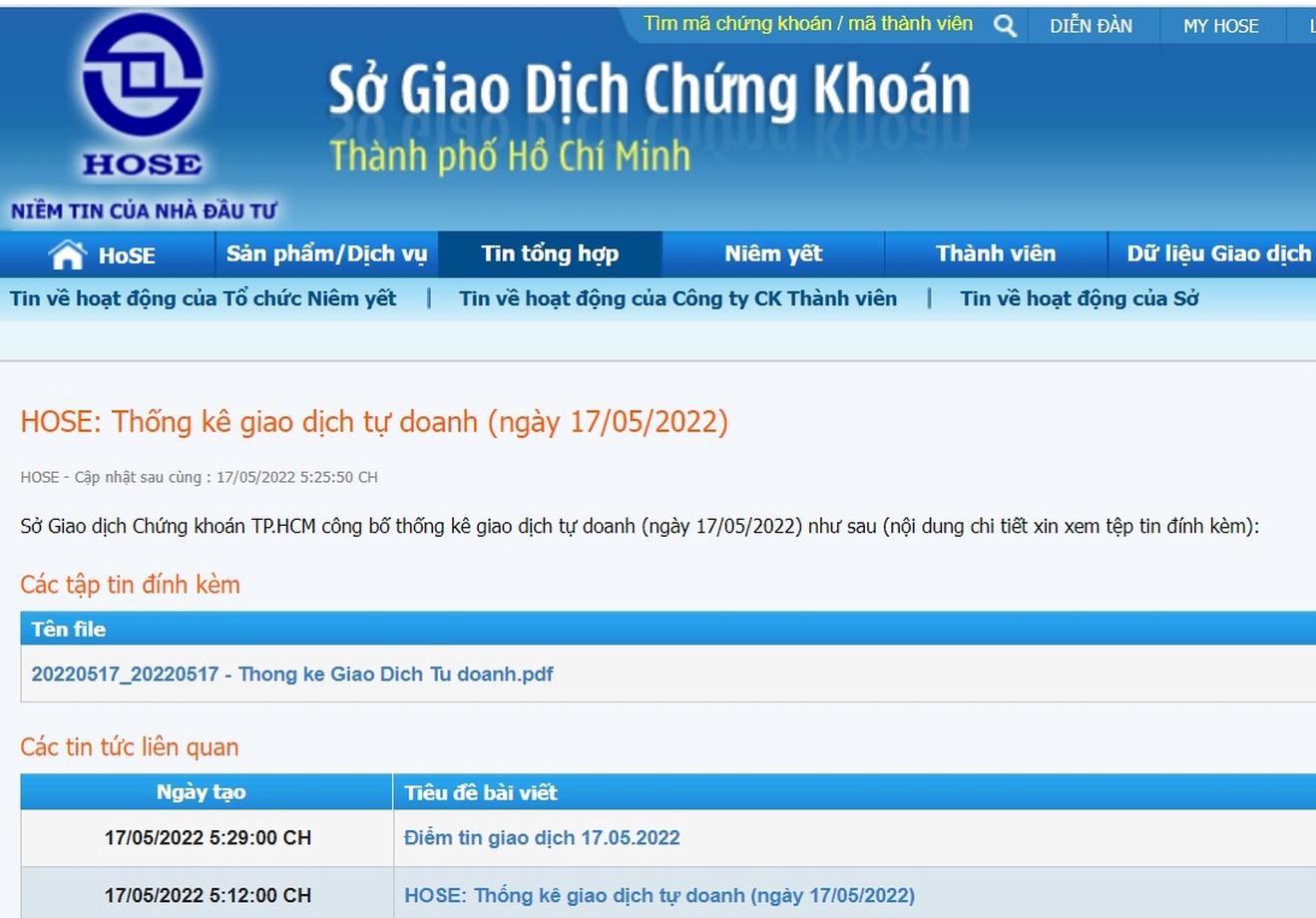 HOSE công bố thông tin giao dịch tự doanh chứng khoán sớm hơn thời hạn UBCK yêu cầu