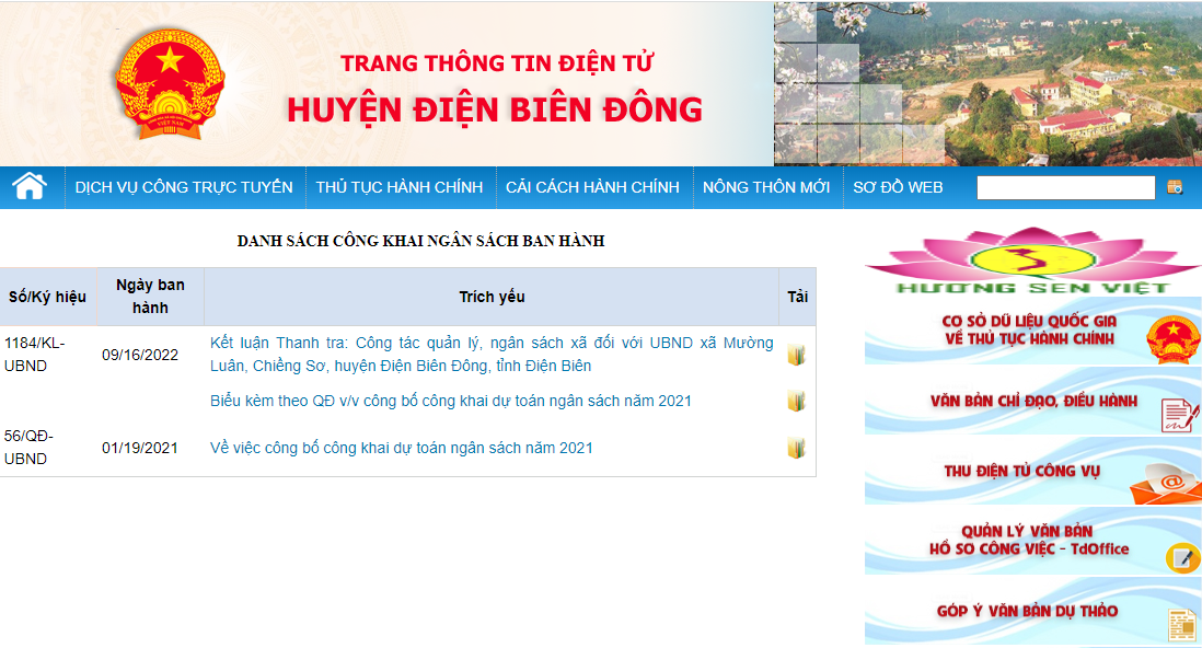 Thông tin công khai trên Trang thông tin điện tử của UBND huyện. Ảnh chụp màn hình: NT
