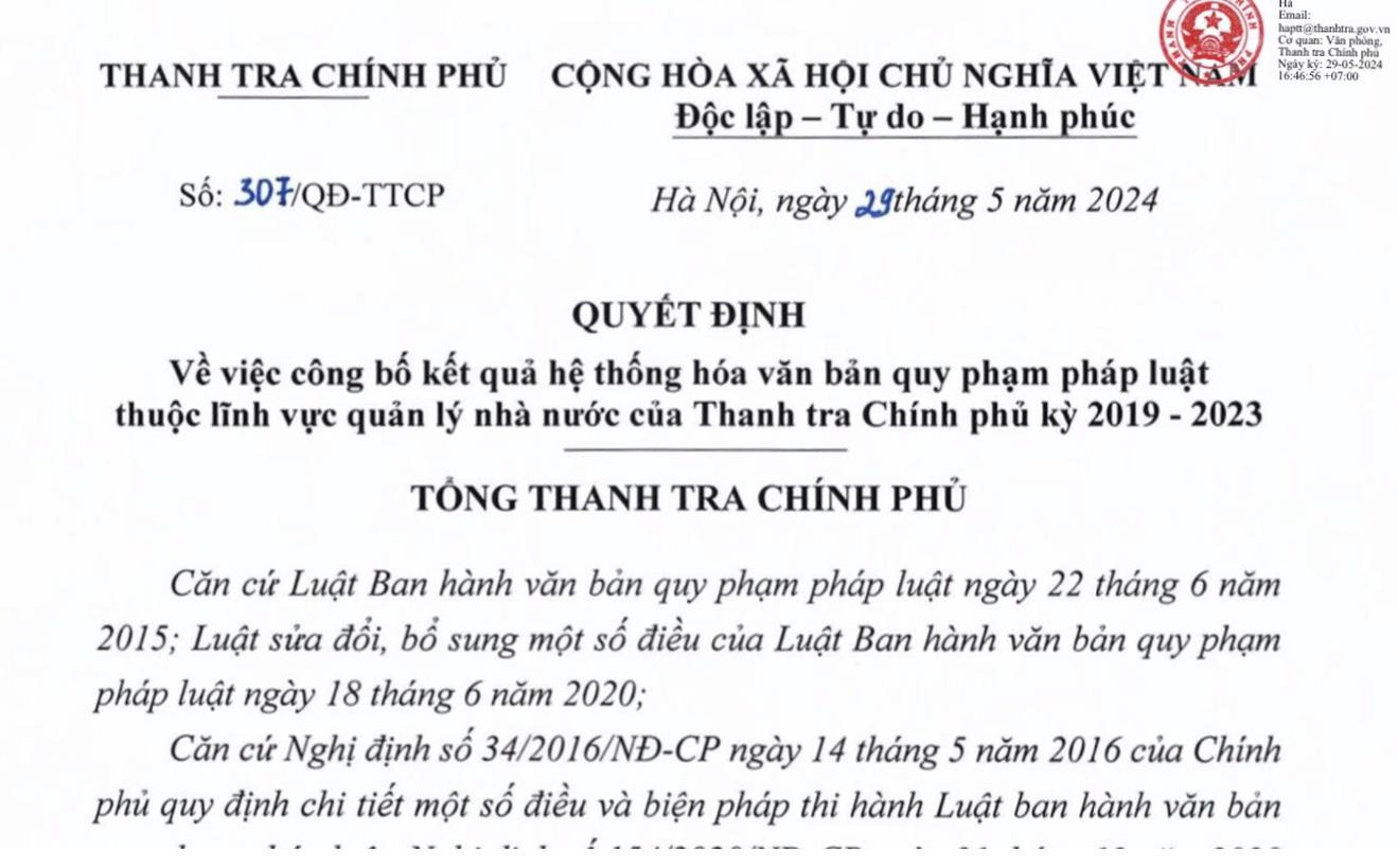 Hệ thống hóa văn bản quy phạm pháp luật thuộc lĩnh vực quản lý nhà nước của Thanh tra Chính phủ kỳ 2019 - 2023 