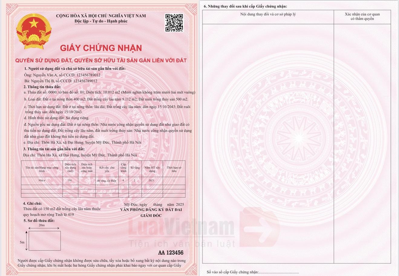 Mẫu sổ đỏ mới theo Luật Đất đai 2024 chính thức có mã QR
