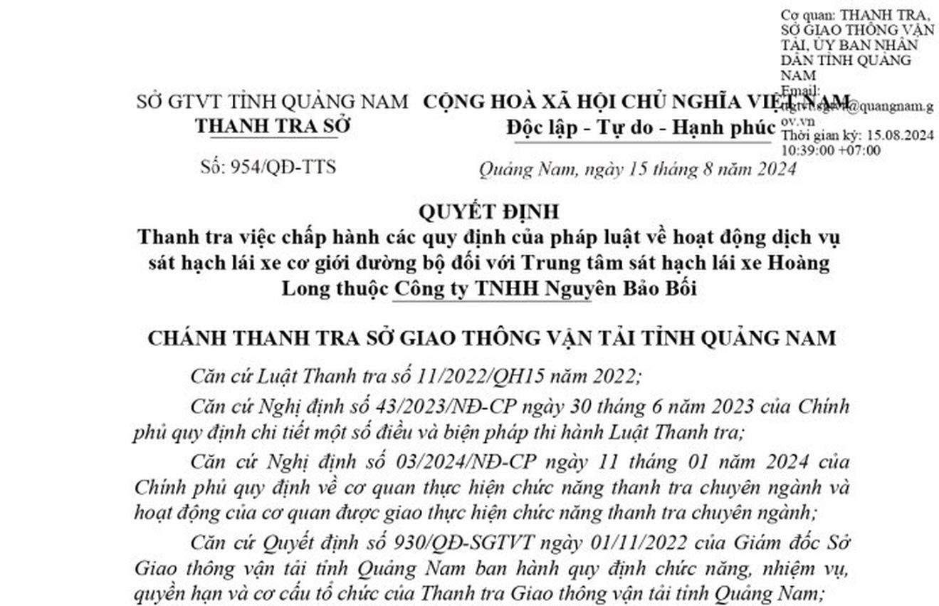 Thanh tra tại Trung tâm sát hạch lái xe Hoàng Long 