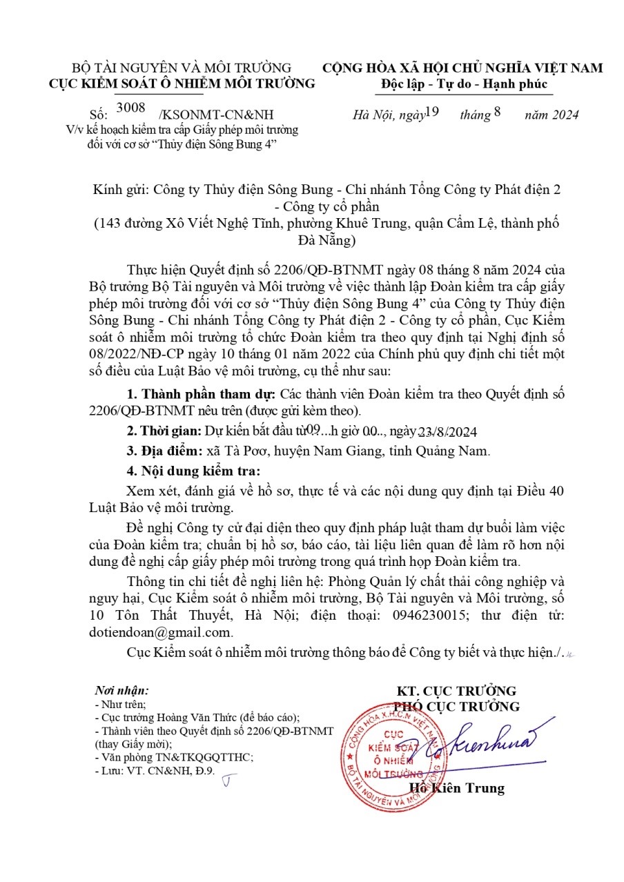Thông báo số 3008/KSONMT-CN&NH ngày 19/8/2024 của Cục Kiểm soát ô nhiễm môi trường - Bộ Tài nguyên và Môi trường