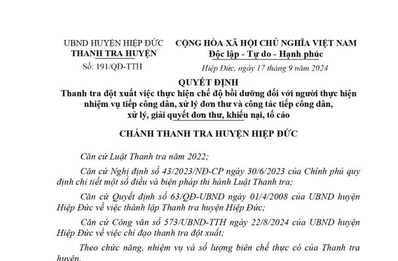 Thanh tra đột xuất việc thực hiện chế độ bồi dưỡng công tác tiếp công dân