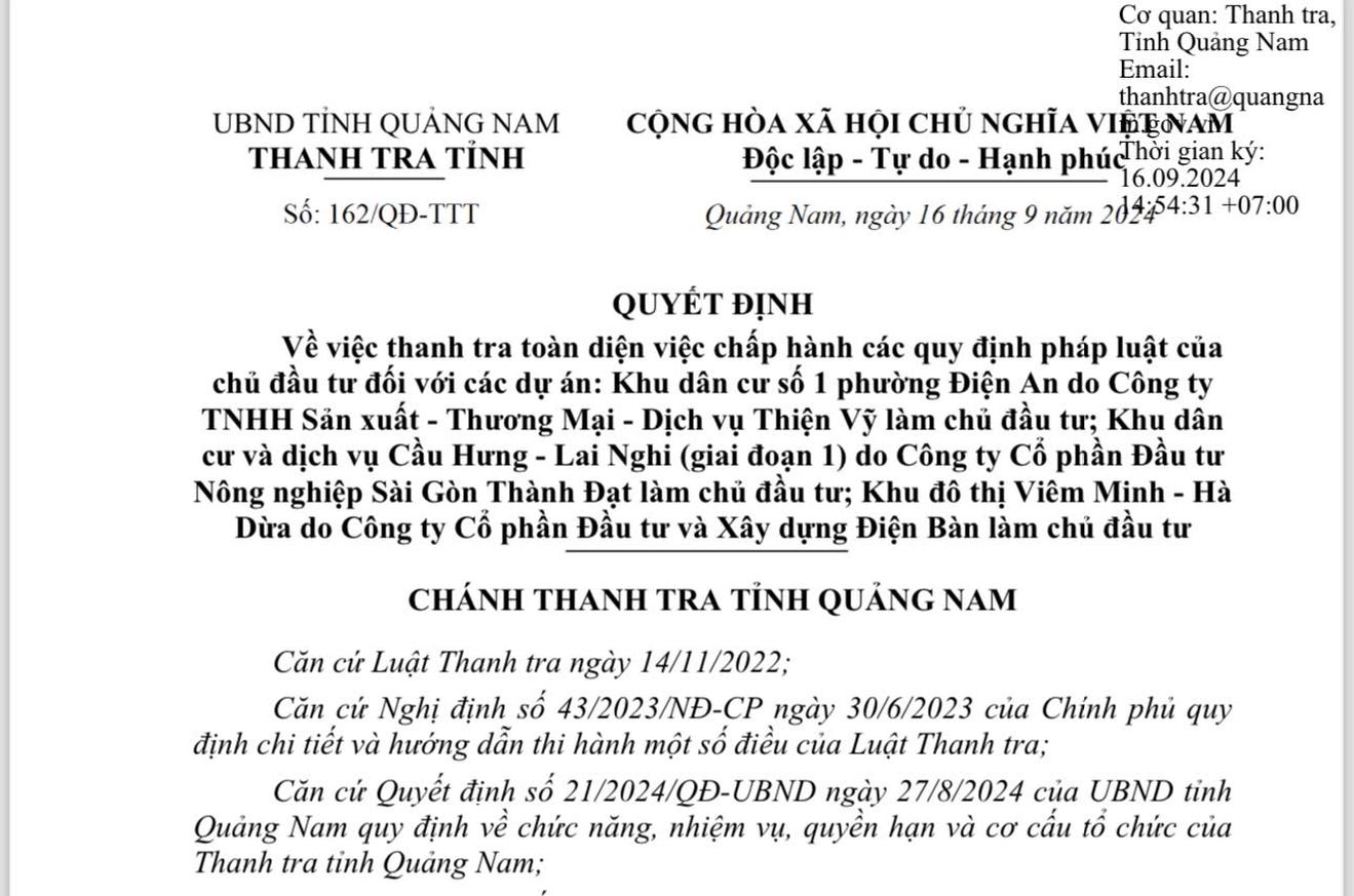 Thanh tra đột xuất, toàn diện ba dự án bất động sản tại Quảng Nam