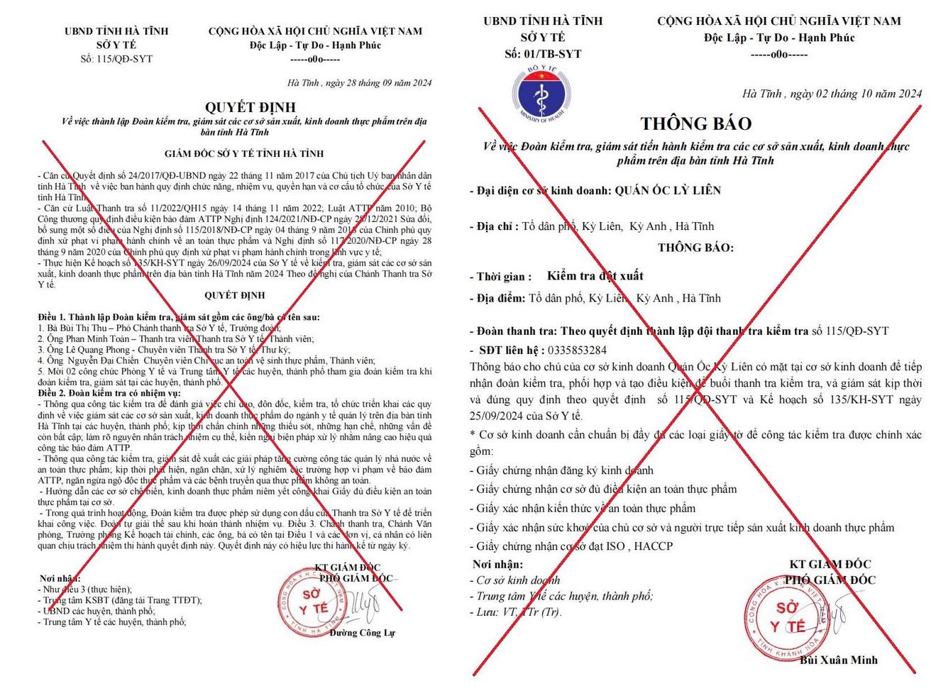 Giả mạo đoàn kiểm tra an toàn thực phẩm của Sở Y Tế Hà Tĩnh