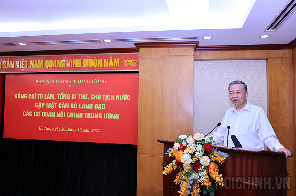 Đồng chí Tô Lâm, Ủy viên Bộ Chính trị, Tổng Bí thư, Chủ tịch nước phát biểu tại buổi gặp mặt. Ảnh: Noichinh.vn