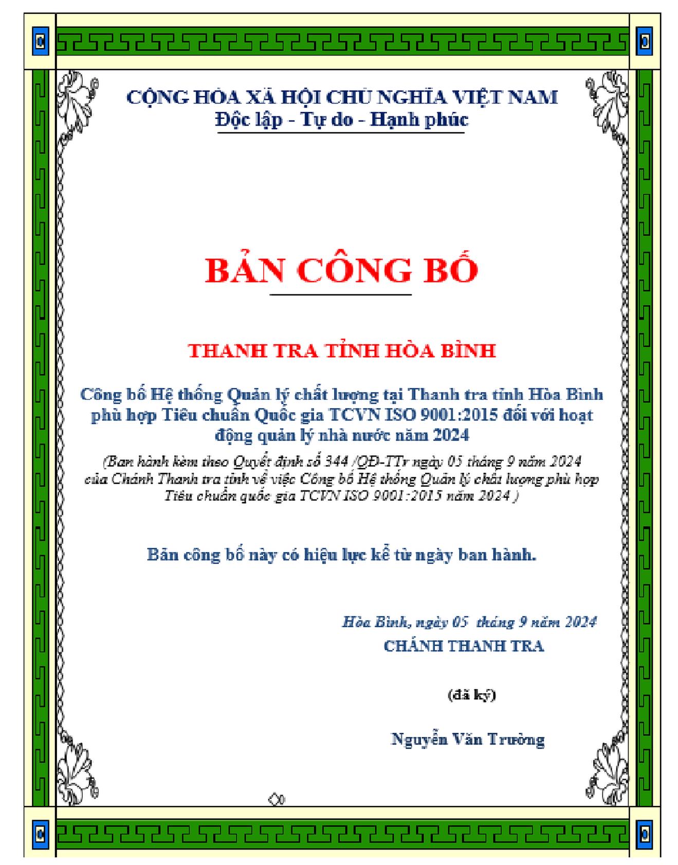 Các quy trình thuộc lĩnh vực thanh tra theo Tiêu chuẩn quốc gia TCVN ISO 9001:2015 năm 2024