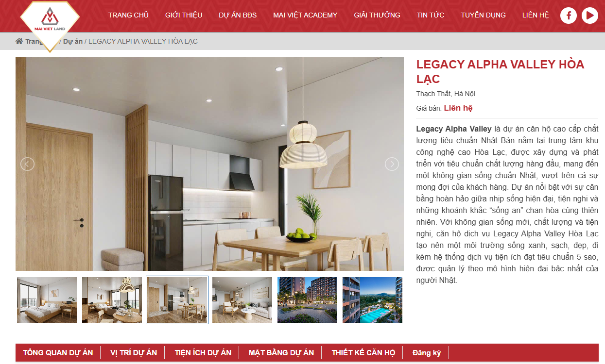 Mai Việt Land rao bán căn hộ tại Dự án Legacy Alpha Valley trên website maivietland.vn (Ảnh chụp màn hình chiều 15/01/2025)