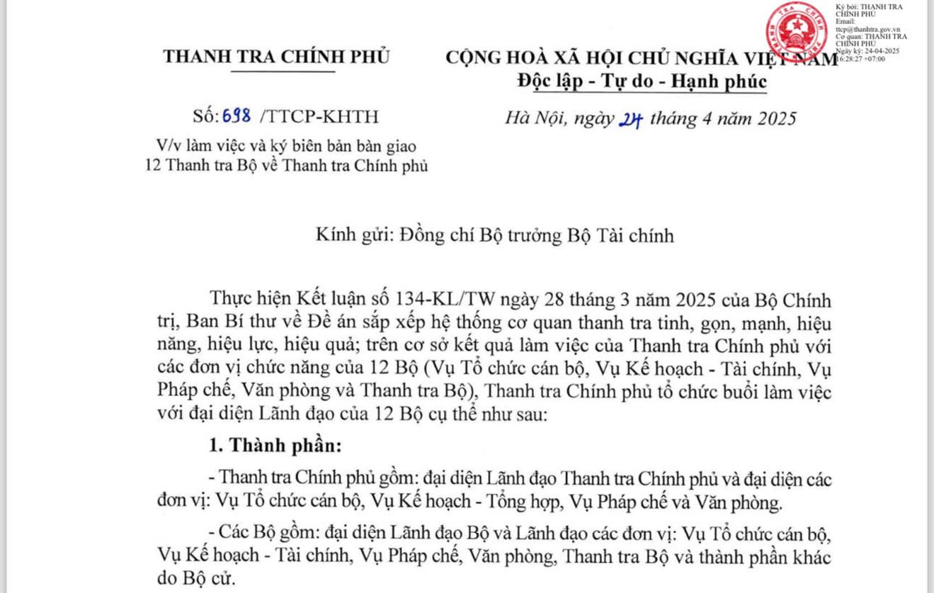 Thanh tra Chính phủ sắp ký biên bản bàn giao với 12 Bộ