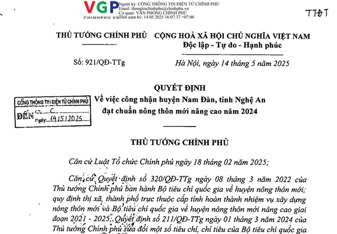 Huyện Nam Đàn đạt chuẩn nông thôn mới nâng cao năm 2024